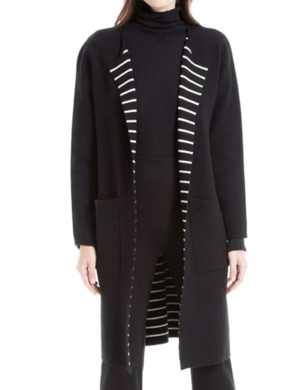 Max Studio Black Longline Open-Front Cardigan with White Stripe Trim